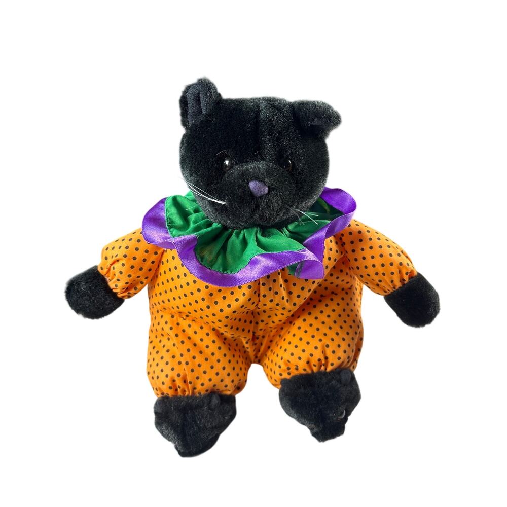 Vtg y2K Halloween Black Cat clown Plush Orange Dot Puffy Ruffle Kitty slipper